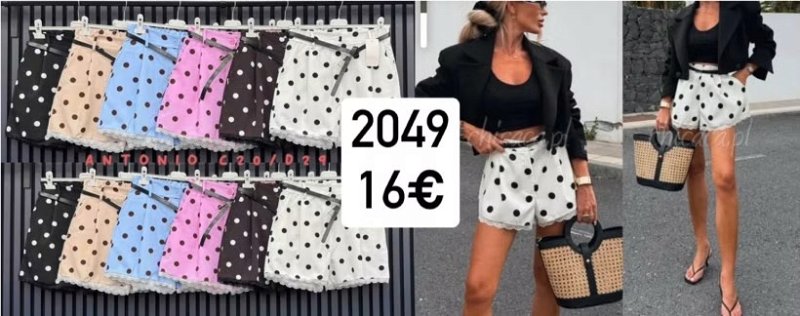 Bodkovane kratasy s krajkou a opaskom 2049