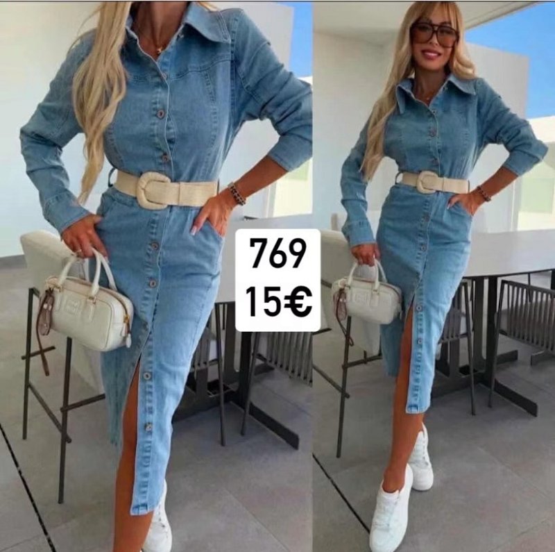 Riflové šaty na gombíky s opaskom 769