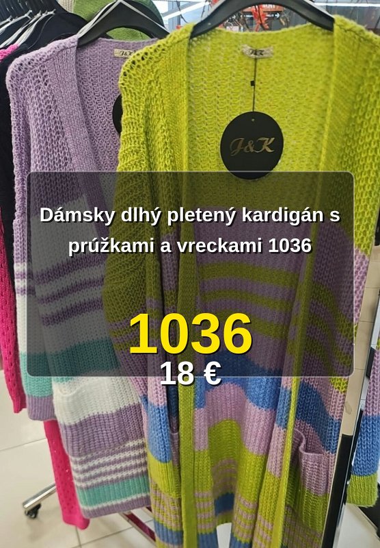 Dámsky dlhý pletený kardigán s prúžkami a vreckami 1036